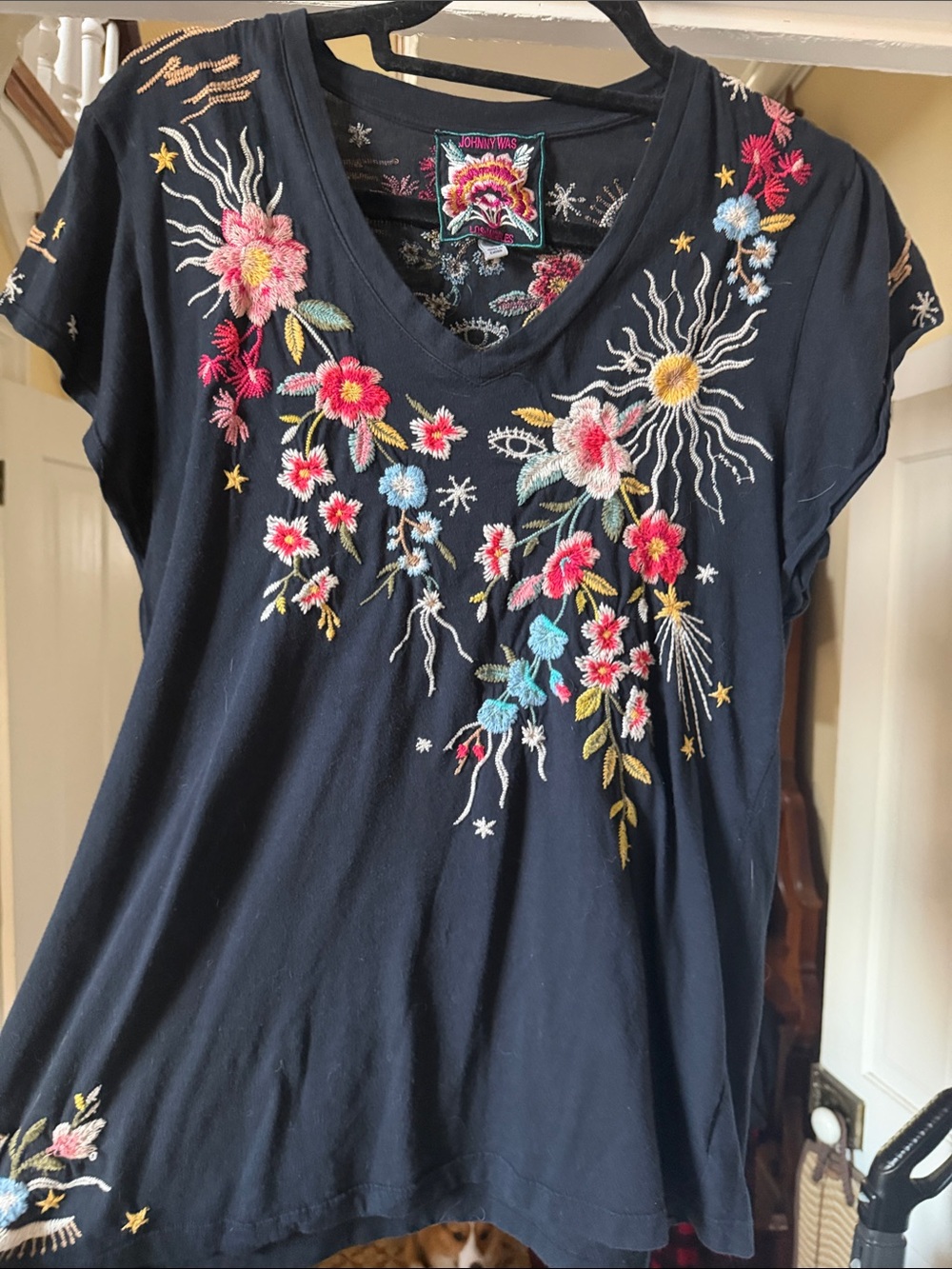 Johnny Was Black Short-Sleeve V-Neck Top with Multicolor Floral Embroidery - Picture 2 of 3